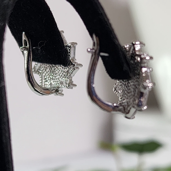 White Gold Virgin Mary with Baguette CZ Small Hoop Earrings - Picture 9 of 11